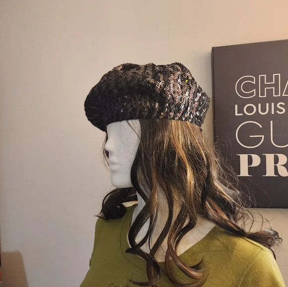 Rachel Zoe black sequence beret hat - Picture 6 of 7